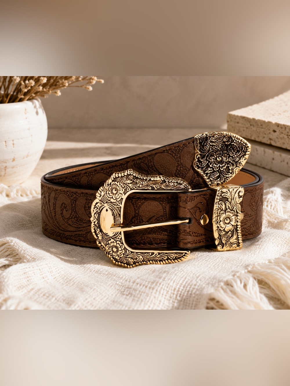 Vintage Style Brown Embossed Western Belt Floral Engraved Buckle 41.3” (105 cm)
